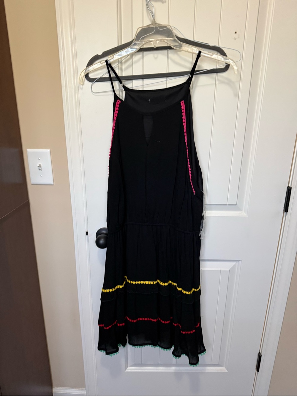 Black Tiered Spaghetti Strap Dress with Bright Trim